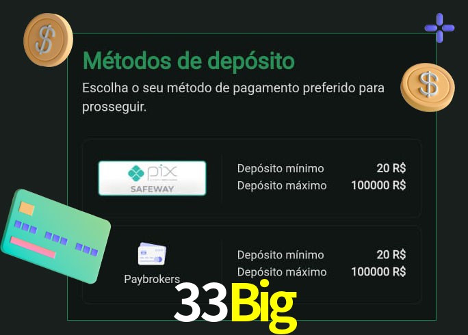 O cassino 33Big oferece uma grande variedade de métodos de pagamento